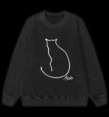 Minimalist Cat Line Art Vintage Washed 100% Cotton Sweatshirt - TheDrunkShark