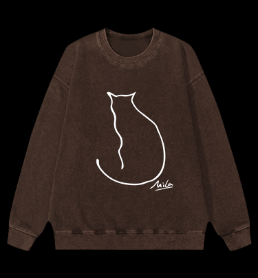 Minimalist Cat Line Art Vintage Washed 100% Cotton Sweatshirt - TheDrunkShark
