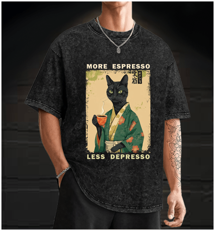 More Caffeine Less Sadness Cat Vintage Washed 100% Cotton T-Shirt - TheDrunkShark