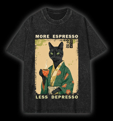 More Caffeine Less Sadness Cat Vintage Washed 100% Cotton T-Shirt - TheDrunkShark
