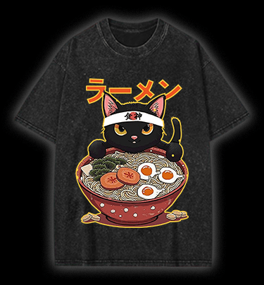  Neko Ramen Master Cat Vintage Washed 100% Cotton T-Shirt - TheDrunkShark