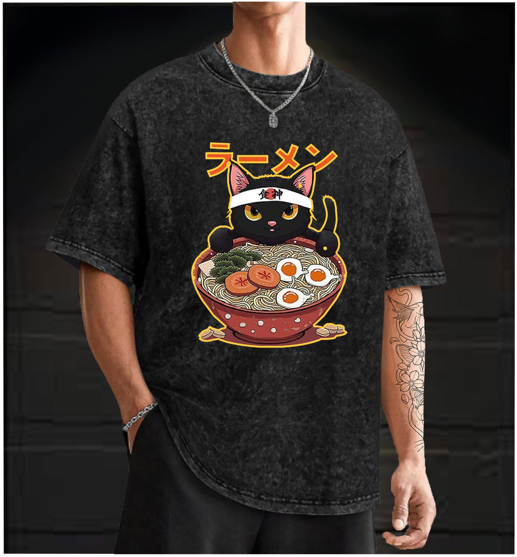  Neko Ramen Master Cat Vintage Washed 100% Cotton T-Shirt - TheDrunkShark