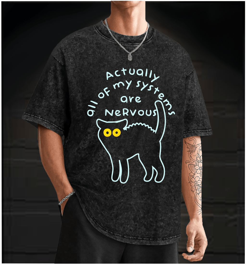 Nervous Cat Mood Vintage Washed 100% Cotton T-Shirt - TheDrunkShark