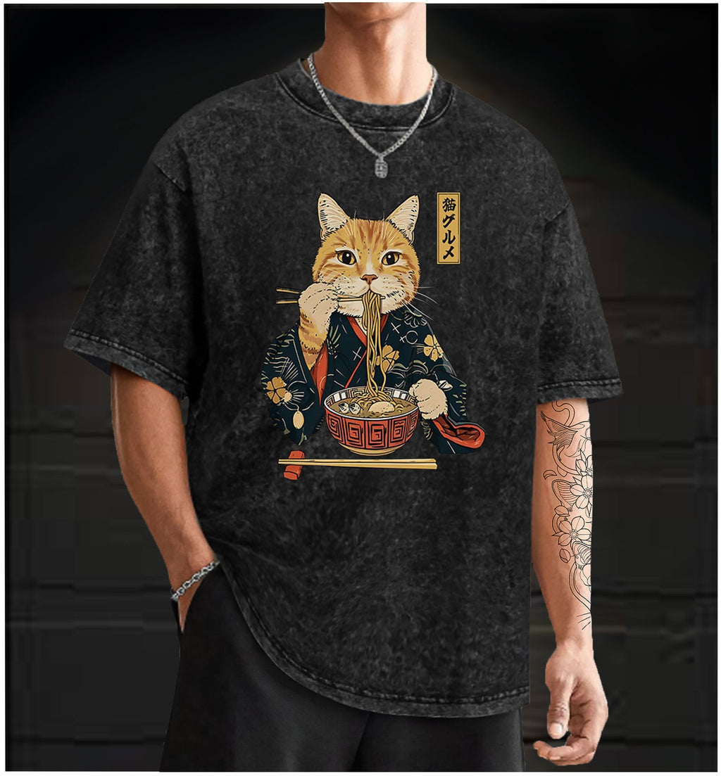 Noodle Cat Vintage Washed 100% Cotton T-Shirt - TheDrunkShark