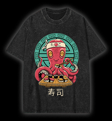 Octopus Sushi Chef Vintage Washed 100% Cotton T-Shirt - TheDrunkShark