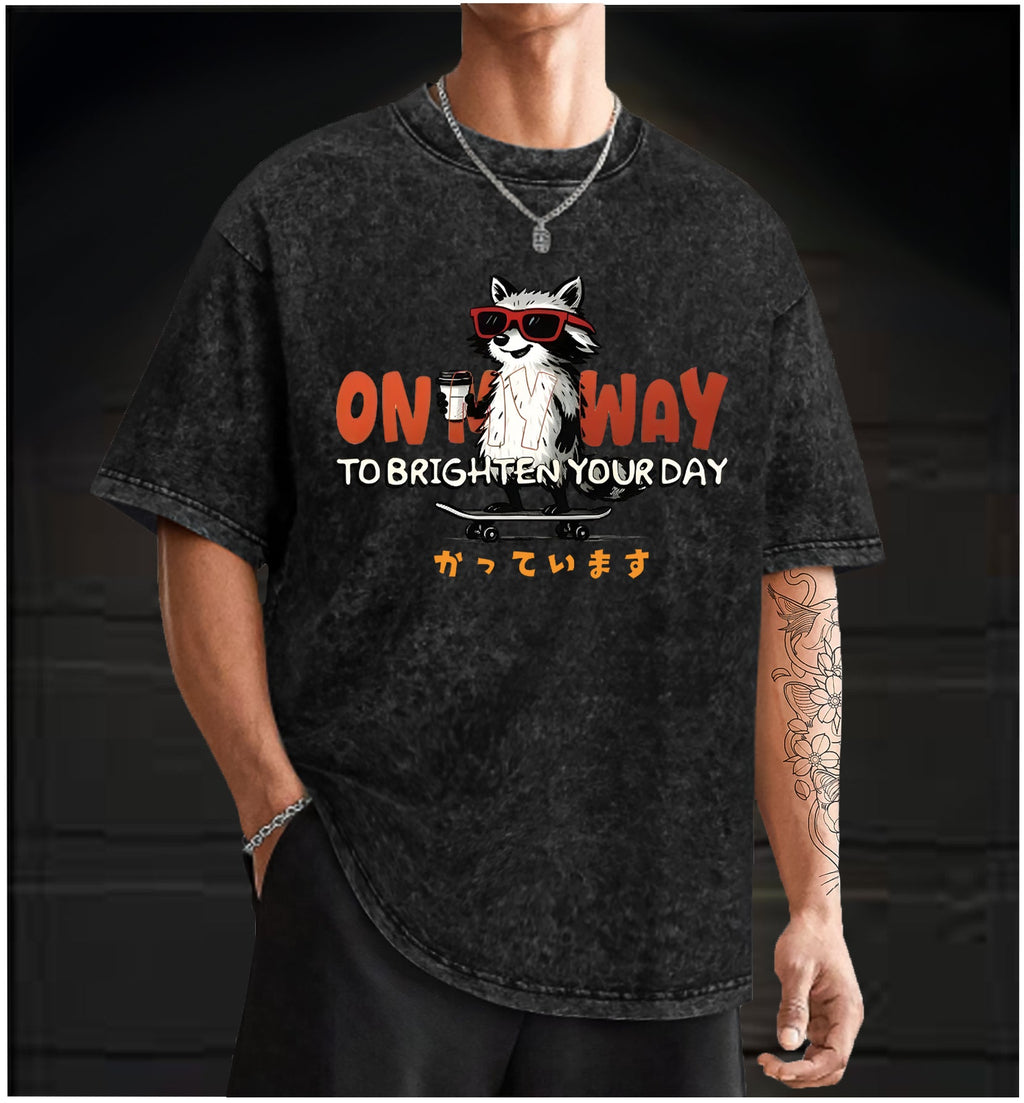 'On My Way' Raccoon Vintage Washed 100% Cotton T-Shirt - TheDrunkShark