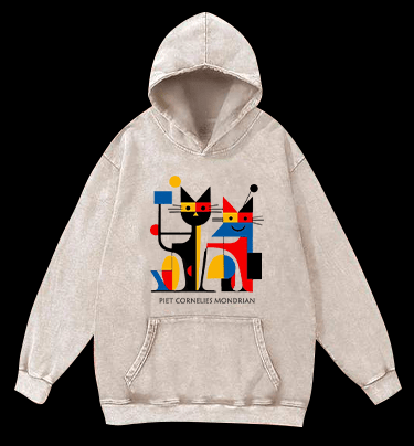Piet Cornelies Mondrian Cat Vintage Washed 100% Cotton Hoodie - TheDrunkShark
