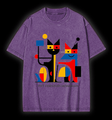 Piet Cornelies Mondrian Cat Vintage Washed 100% Cotton T-Shirt - TheDrunkShark