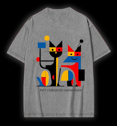 Piet Cornelies Mondrian Cat Vintage Washed 100% Cotton T-Shirt - TheDrunkShark