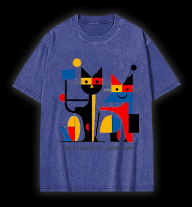 Piet Cornelies Mondrian Cat Vintage Washed 100% Cotton T-Shirt - TheDrunkShark