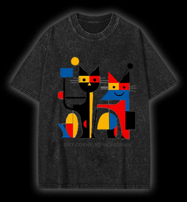 Piet Cornelies Mondrian Cat Vintage Washed 100% Cotton T-Shirt - TheDrunkShark