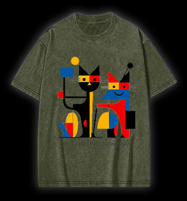 Piet Cornelies Mondrian Cat Vintage Washed 100% Cotton T-Shirt - TheDrunkShark