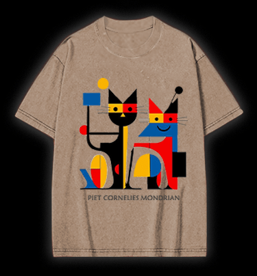 Piet Cornelies Mondrian Cat Vintage Washed 100% Cotton T-Shirt - TheDrunkShark