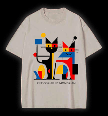Piet Cornelies Mondrian Cat Vintage Washed 100% Cotton T-Shirt - TheDrunkShark