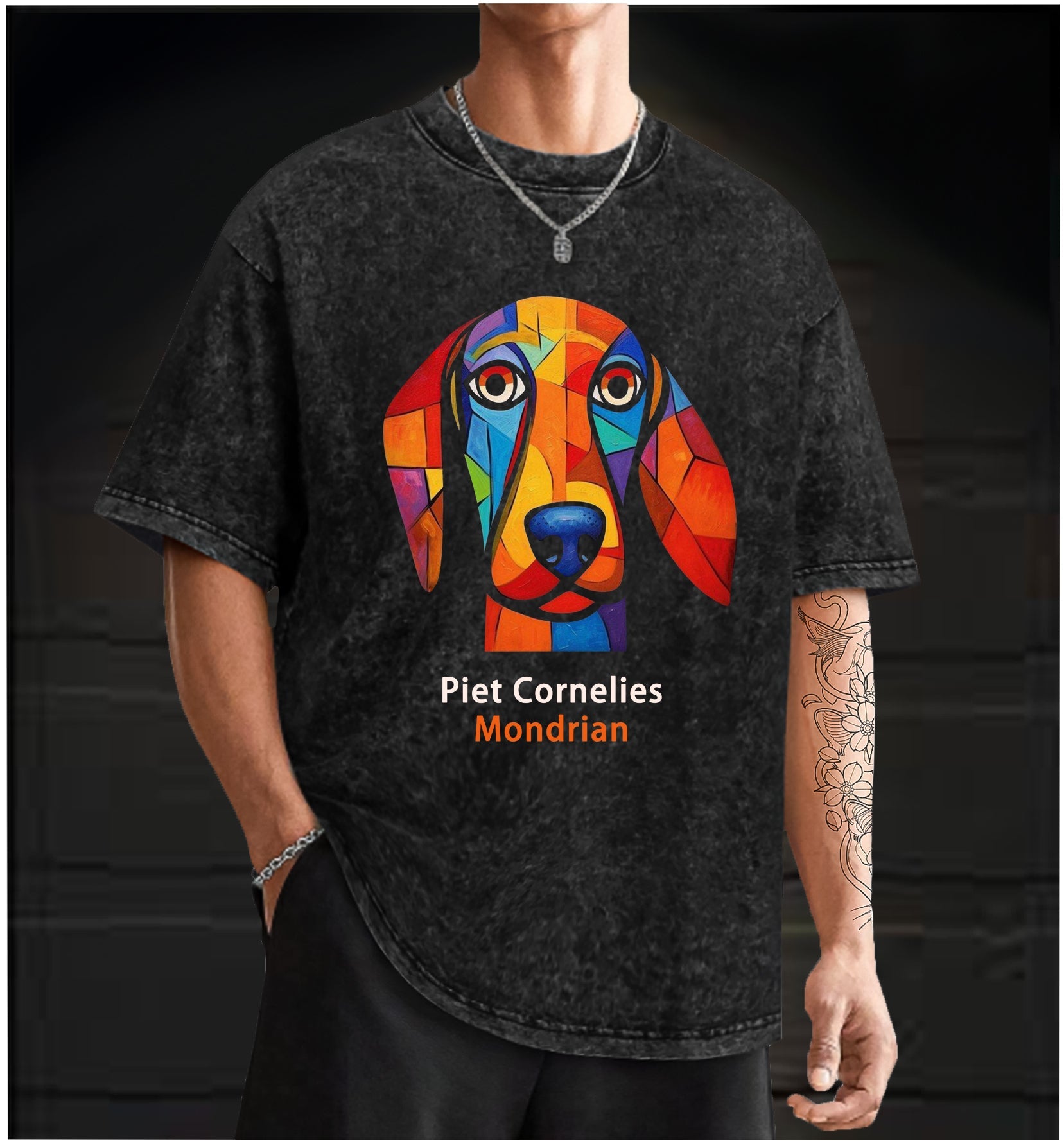 Piet Cornelies Mondrian Dog Vintage Washed 100% Cotton T-Shirt - TheDrunkShark