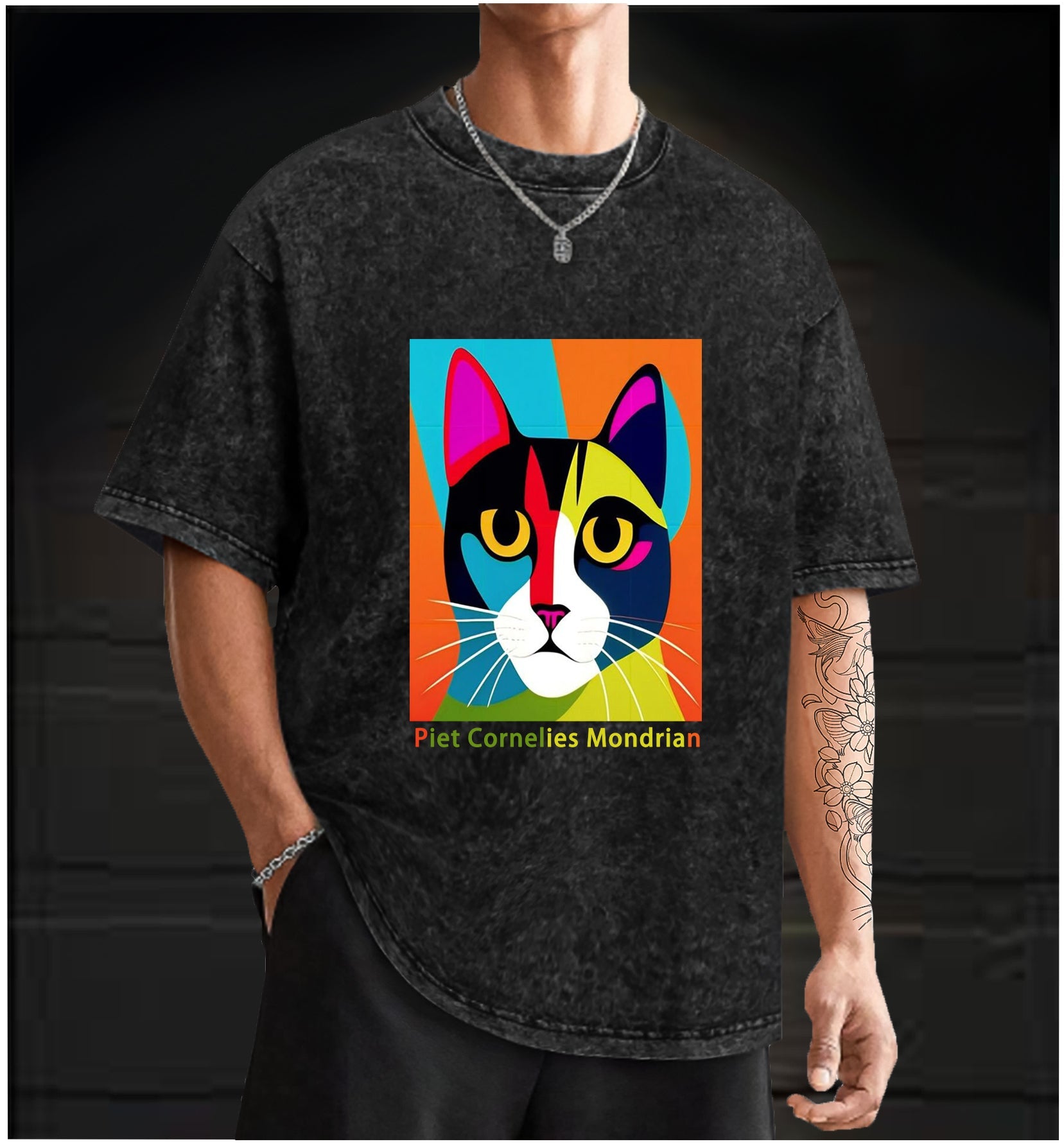  Piet Cornelies Mondrian Cat Vintage Washed 100% Cotton T-Shirt - TheDrunkShark