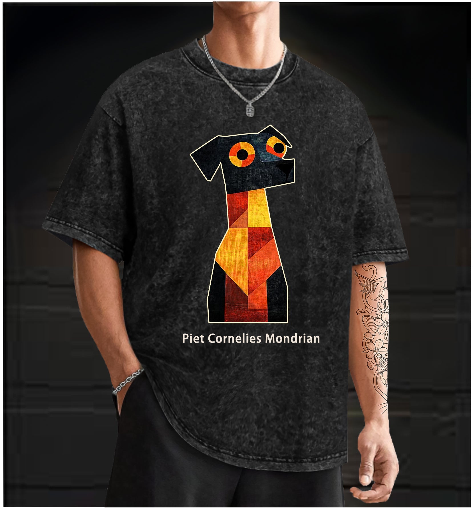  Piet Cornelies Mondrian Dog Vintage Washed 100% Cotton T-Shirt - TheDrunkShark