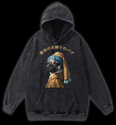 Pug with a Pearl Earring Vintage Washed 100% Cotton Hoodie - TheDrunkShark