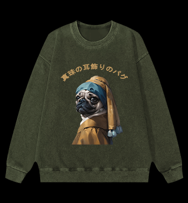 Pug with a Pearl Earring Vintage Washed 100% Cotton Sweatshirt - TheDrunkShark