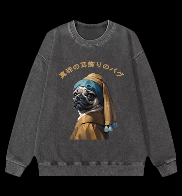 Pug with a Pearl Earring Vintage Washed 100% Cotton Sweatshirt - TheDrunkShark