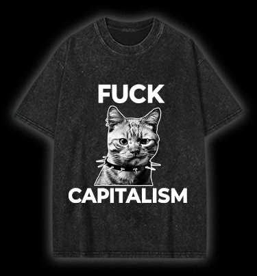  Punk Cat vs Capitalism  Vintage Washed 100% Cotton T-Shirt - TheDrunkShark