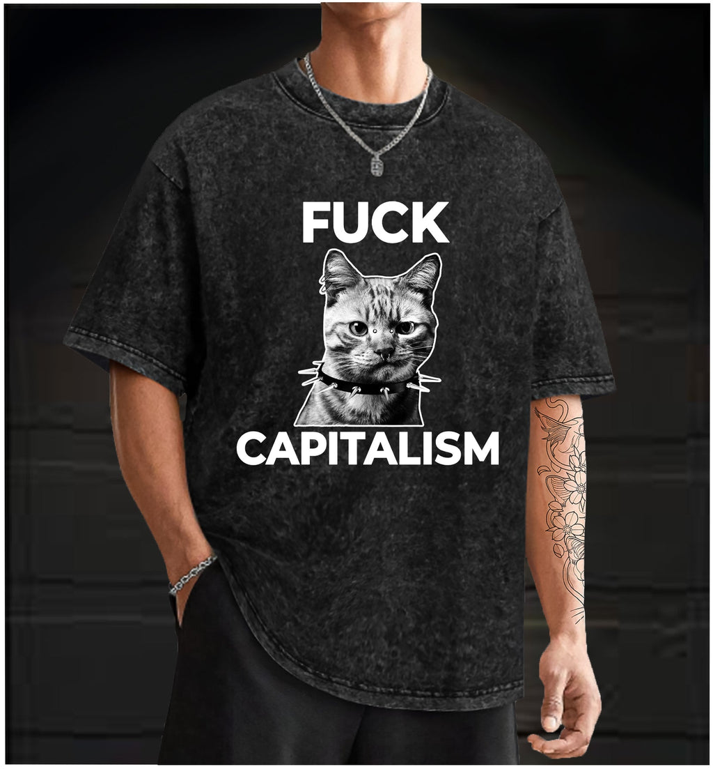  Punk Cat vs Capitalism  Vintage Washed 100% Cotton T-Shirt - TheDrunkShark