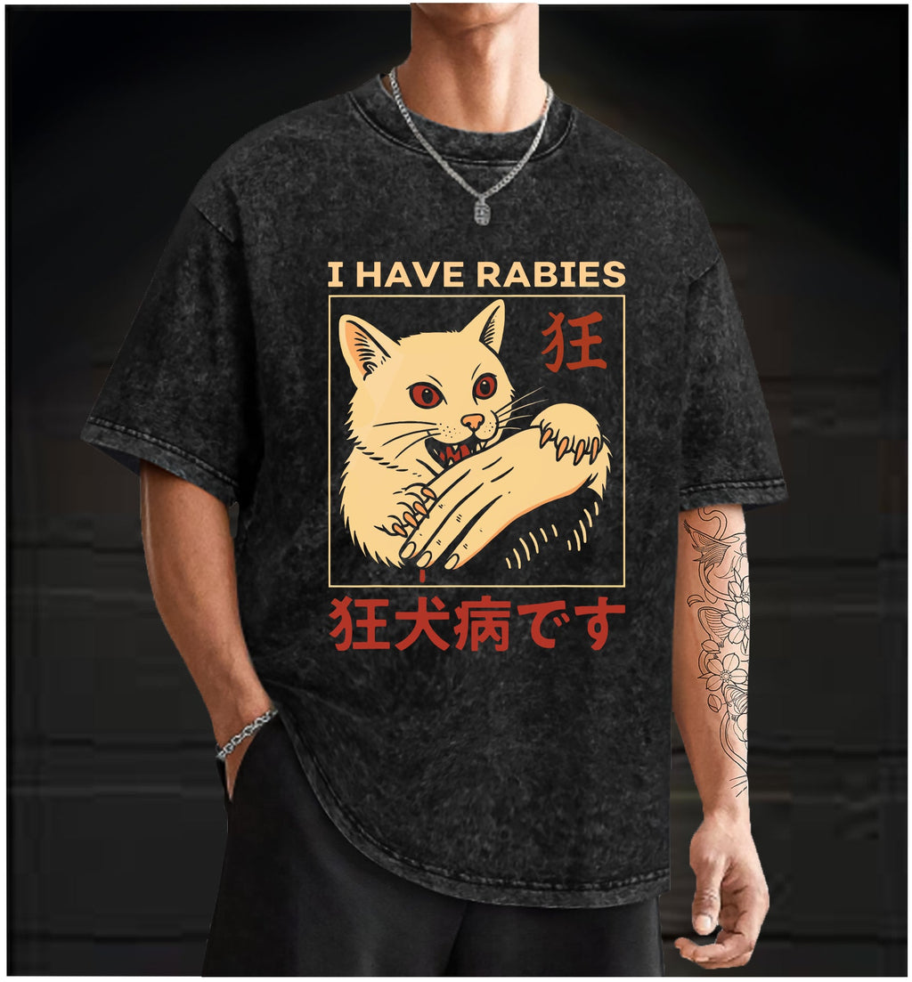  Rabies Cat Vintage Washed 100% Cotton T-Shirt - TheDrunkShark
