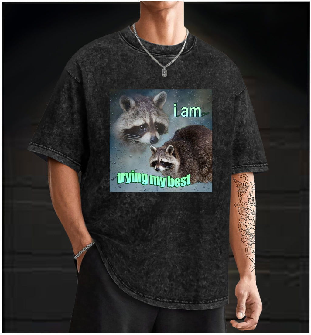  Raccoon Tried His Best  Vintage Washed 100% Cotton T-Shirt - TheDrunkShark