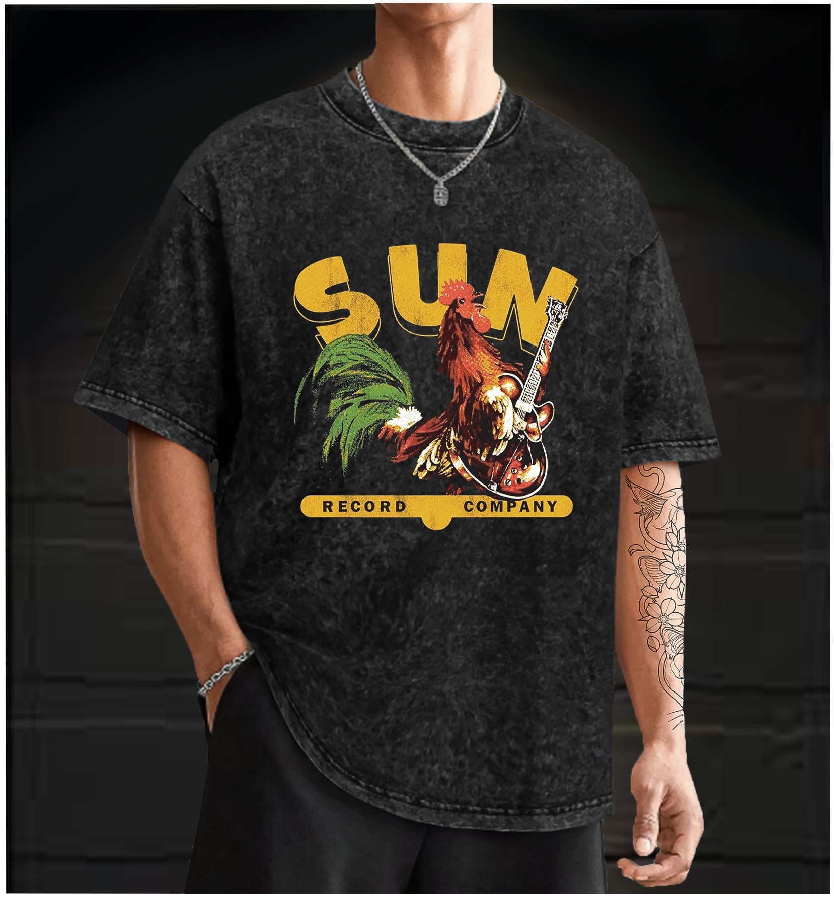  Record Company  Rooster Vintage Washed 100% Cotton T-Shirt - TheDrunkShark