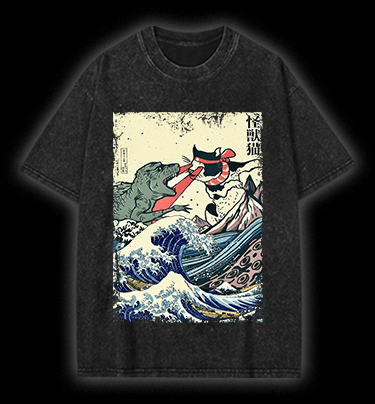 Retro Japanese Great Wave Cat VS Monster Vintage Washed 100% Cotton T-Shirt - TheDrunkShark