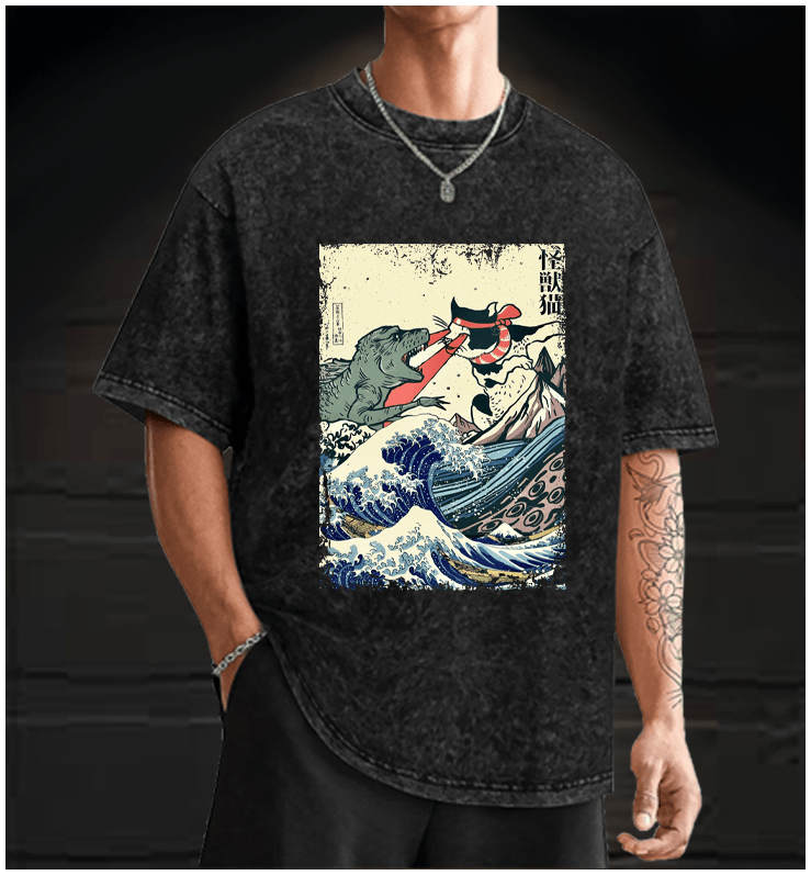 Retro Japanese Great Wave Cat VS Monster Vintage Washed 100% Cotton T-Shirt - TheDrunkShark