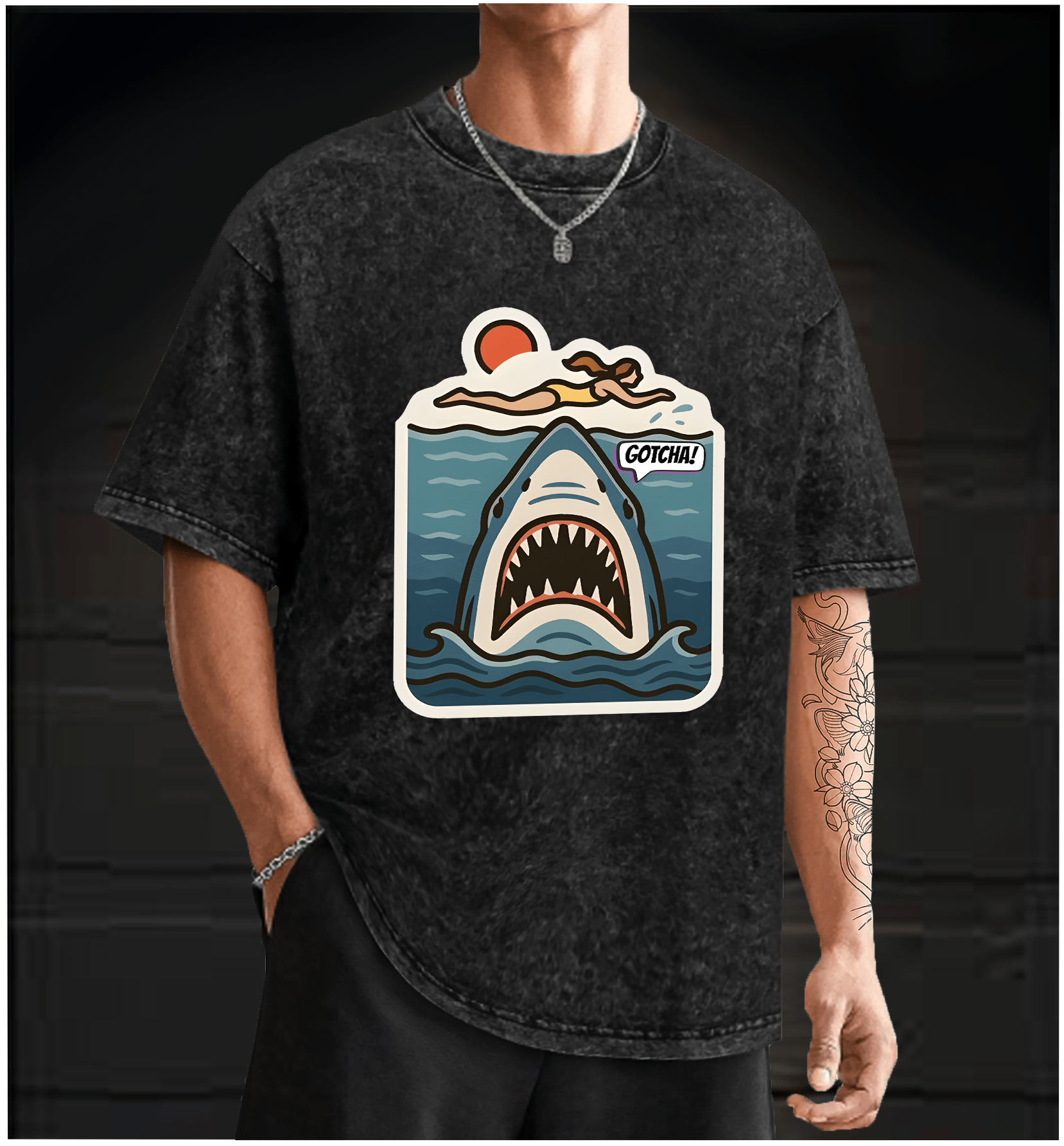 Shark: Beach Surprise Vintage Washed 100% Cotton T-Shirt - TheDrunkShark