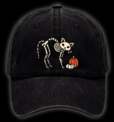 Skeleton Cat's Pumpkin Patrol Vintage Washed 100% Cotton Baseball Hat - TheDrunkShark