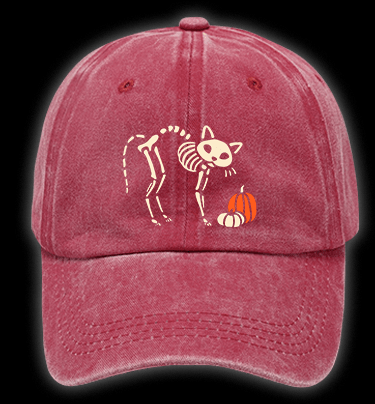 Skeleton Cat's Pumpkin Patrol Vintage Washed 100% Cotton Baseball Hat - TheDrunkShark