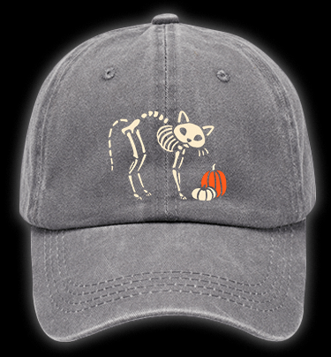 Skeleton Cat's Pumpkin Patrol Vintage Washed 100% Cotton Baseball Hat - TheDrunkShark