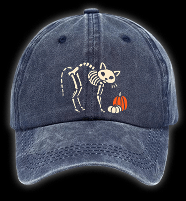 Skeleton Cat's Pumpkin Patrol Vintage Washed 100% Cotton Baseball Hat - TheDrunkShark