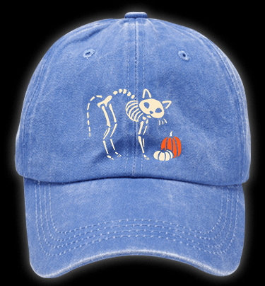 Skeleton Cat's Pumpkin Patrol Vintage Washed 100% Cotton Baseball Hat - TheDrunkShark