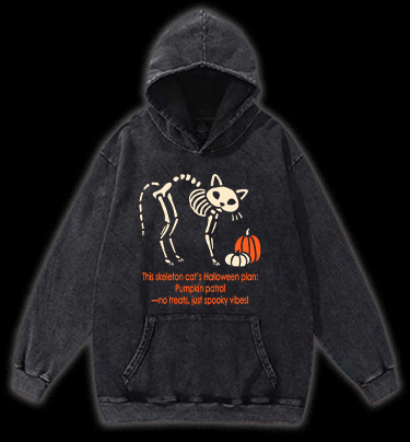 Skeleton Cat's Pumpkin Patrol Vintage Washed 100% Cotton Hoodie - TheDrunkShark