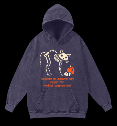 Skeleton Cat's Pumpkin Patrol Vintage Washed 100% Cotton Hoodie - TheDrunkShark
