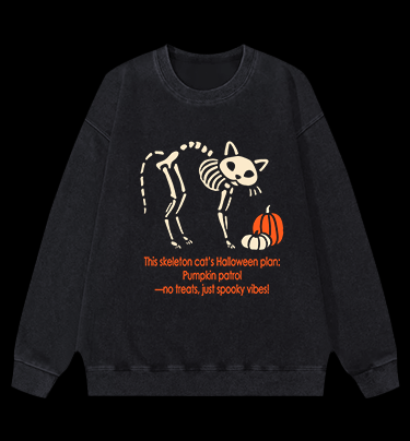 Skeleton Cat's Pumpkin Patrol Vintage Washed 100% Cotton Sweatshirt - TheDrunkShark