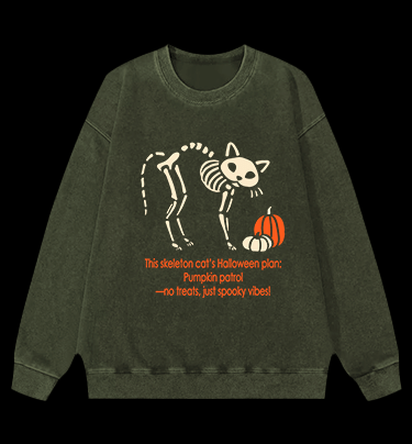 Skeleton Cat's Pumpkin Patrol Vintage Washed 100% Cotton Sweatshirt - TheDrunkShark