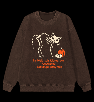 Skeleton Cat's Pumpkin Patrol Vintage Washed 100% Cotton Sweatshirt - TheDrunkShark