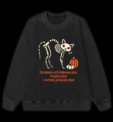 Skeleton Cat's Pumpkin Patrol Vintage Washed 100% Cotton Sweatshirt - TheDrunkShark