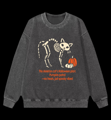 Skeleton Cat's Pumpkin Patrol Vintage Washed 100% Cotton Sweatshirt - TheDrunkShark