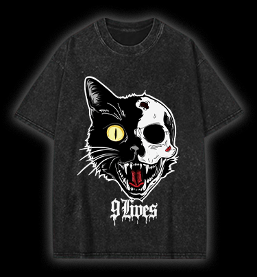 Skull Cat  Vintage Washed 100% Cotton T-Shirt - TheDrunkShark