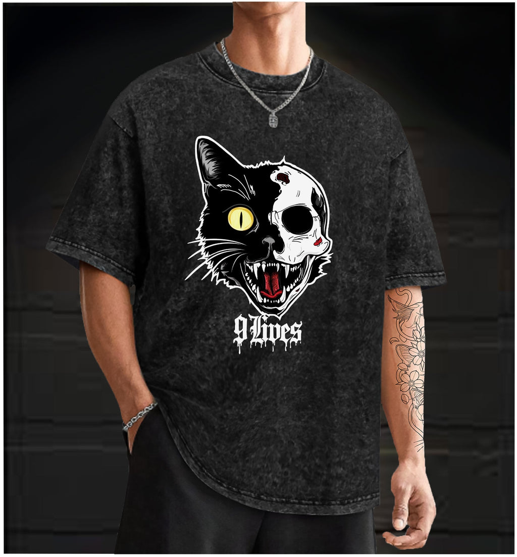  Skull Cat  Vintage Washed 100% Cotton T-Shirt - TheDrunkShark