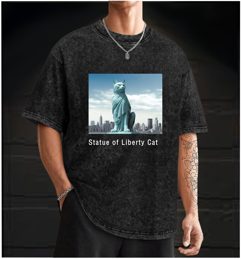  Statue of Liberty Cat  Vintage Washed 100% Cotton T-Shirt - TheDrunkShark