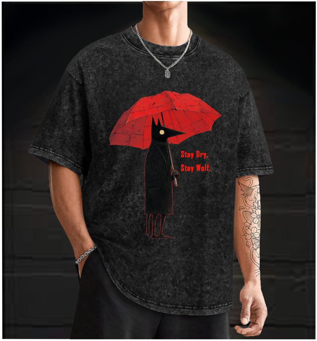  Stay Dry, Stay Wolf Vintage Washed 100% Cotton T-Shirt - TheDrunkShark