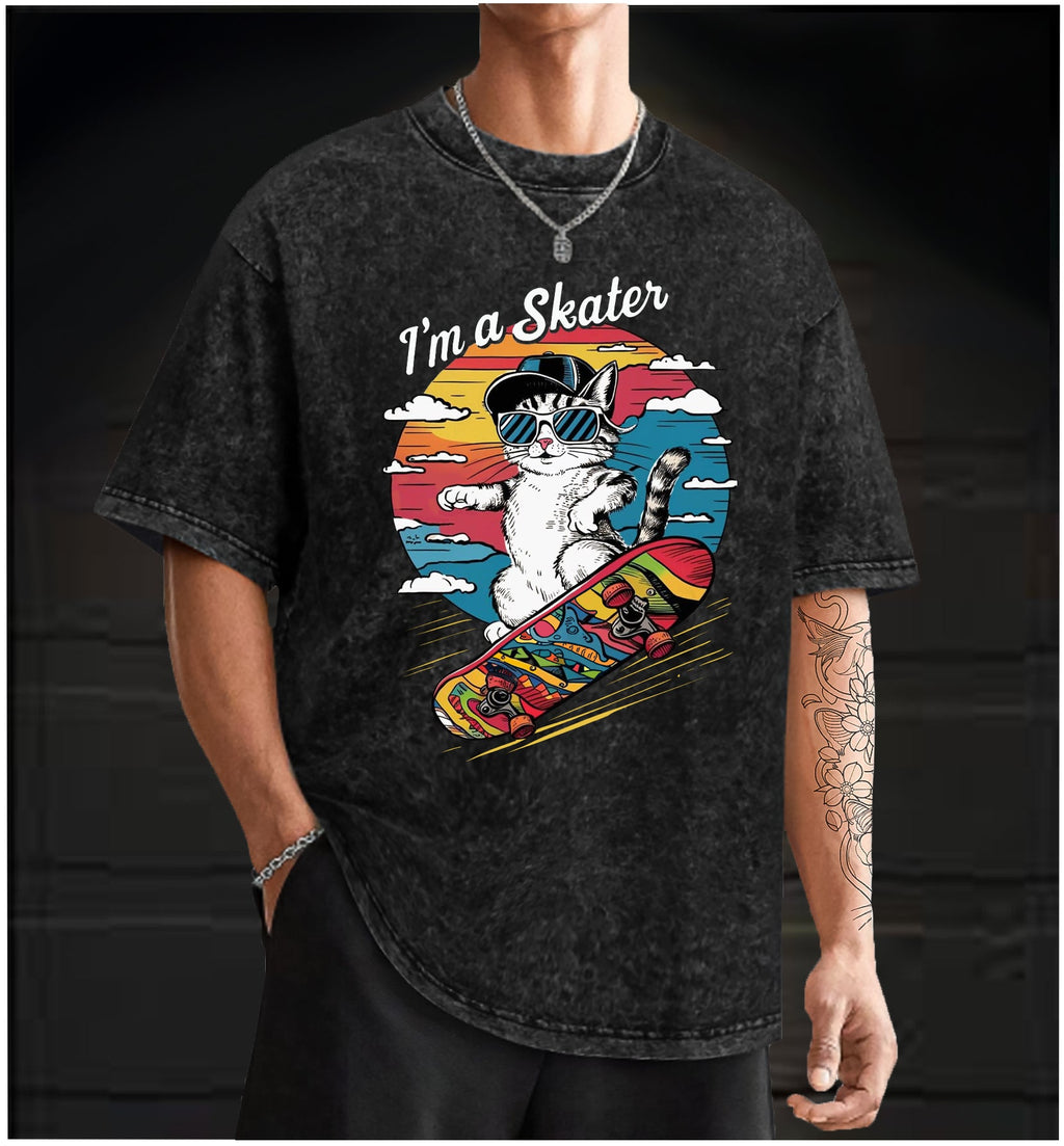  Street Cat Skater Vintage Washed 100% Cotton T-Shirt - TheDrunkShark