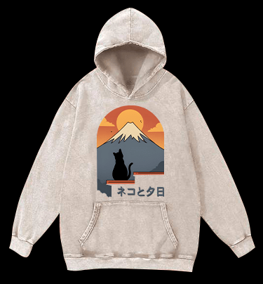 Sunset Cat by Fuji Vintage Washed 100% Cotton Hoodie - TheDrunkShark